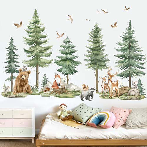 Wandtattoo Kinderzimmer, Wandsticker Kinderzimmer Waldtiere Bären, Hirsche & Füchse, PVC Material Sicher Nicht Toxisch Wasserfest, Wanddeko für Babyzimmer Kinderzimmer Wohnzimmer Schlafzimmer