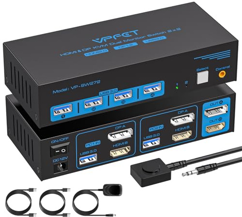 AILVLVNG HDMI Displayport KVM Switch 2 PC 2 Monitore 4K@60Hz USB 3.0 KVM Umschalter für 2 PC teilen sich 2 Monitor und 4 USB Geräte Supports Extended/Copy Mode mit 12V Adapter And Desktop Controller
