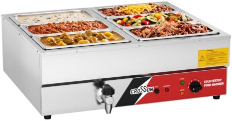 crosson Bain Marie Électrique Professionnel, 6 Bacs GN 1/3 avec Valve de Drainage, Chauffe-Plat Électrique Gastro INOX, pour Restaurants Self-Service et hôtels, 230V/1700W