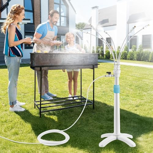 Tesmotor Sistema di Nebbia per terrazzo e Giardino, Regolabile in Altezza, per Esterni, con 5 ugelli, Sistema di Raffreddamento con valvola e Supporto, per Giardino, per Patio, Balcone, Piscina