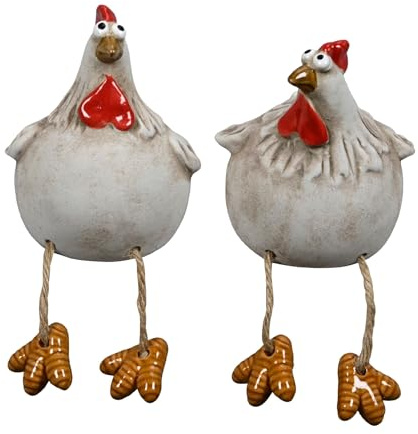 Storm's Gartenzaubereien Keramik Hühner Kantenhocker 2er Set - Lustige Gartenfiguren für draußen - drinnen - Wetterfeste Osterdeko im Landhausstil - Frühlingsdeko Randhocker mit Wackelbeinen - 18cm