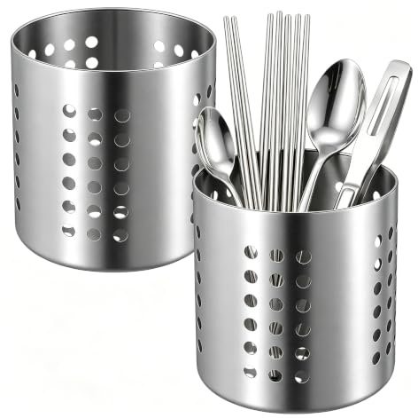 SEUNMUK 2 PCS Kitchen Utensil Holder Stainless Steel, 12 x 13 cm Round Cutlery Holder Drainer for Sink, Silver Utensil Drying Pot Organizer for Kitchen Utensils