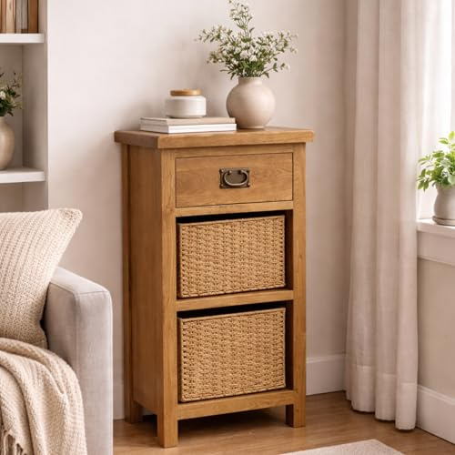 Home Furniture Group Ltd Oakcroft 1 Drawer 2 Basket Bedside Table – Rustic Nightstand with Wicker Storage Basket – Fully Assembled Country Rustic Cabinet – 50cm Wide