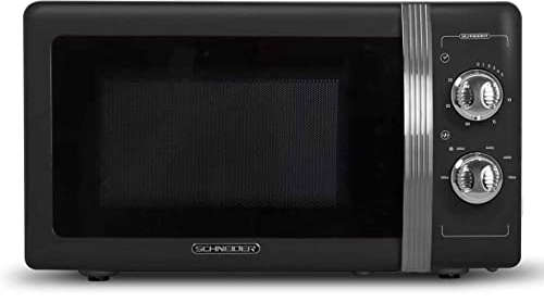 SCHNEIDER SMW20VMB, Micro ondes Vintage, Monofonction, 700 watts, 20 litres, Contrôle mécanique, Fonction décongélation, Plateau tournant (24.5cm), Noir