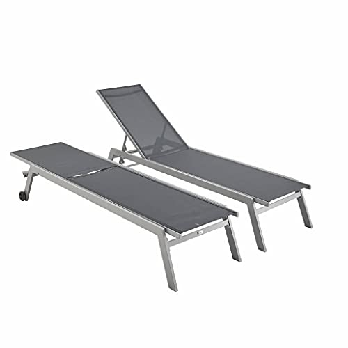 Alice's Garden - Set mit 2 ELSA Sonnenliegen aus grauem Aluminium und dunkelgrauem Textilene, Liegestühle mit Mehreren Positionen und Rädern