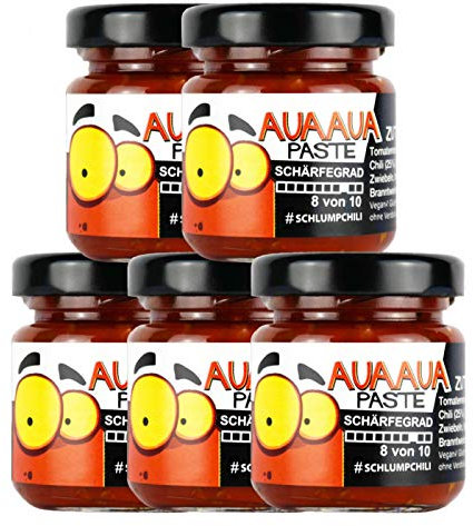 Schlump-Chili⎥5x AUAAUA® Original sehr scharfe Habanero Chili Paste mit Ingwer Set im Glas (5 x 35g)