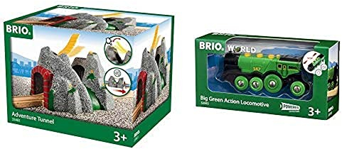 BRIO World 33481 Magischer Tunnel – Eisenbahnzubehör für die BRIO Holzeisenbahn & World 33593 Grüner Gustav elektrische Lok – Batterie-Lokomotive mit Licht & Sound