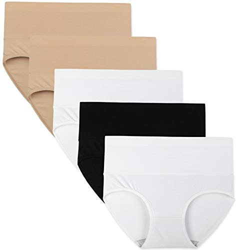 INNERSY Unterhosen Damen Hohe Taille Schlüpfer Baumwolle Sommer Slip Beige Weiß Schwarz 5er Pack (XXL, Schwarz/Weiß/Kamel)