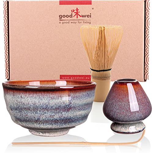 Goodwei Matcha Kit con escoba de matcha, cuenco de matcha y soporte para batidor de cerámica | Matcha set de regalo (Uji)