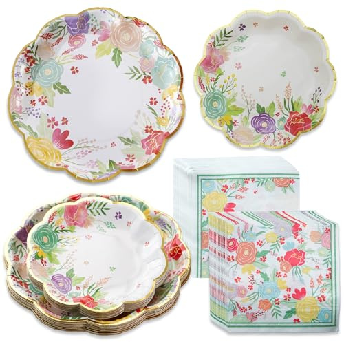 Kate Aspen Garden Blooms 62pc Paper Plates Napkins, 16pcs 7 inch & 16pcs 9 inch Heavy Duty Disposable Party Plates, 30pcs 6.5 inch Durable Paper Napkins for Bridal Shower, Baby Shower, Wedding Party