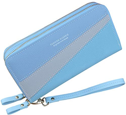 Damen Geldbörse mit Doppeltem Reißverschluss Geldbörse PU Leder Telefon Geldbörse für Frauen Große Kapazität Lange Clutch Geldbörse mit Mehreren Kartensteckplätzen Armband Geldbörse