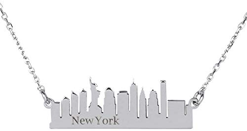JUWEDI New York Skyline Unisex Halskette aus Sterling Silver - Vergoldet - Mit Gravurmöglichkeit - Travel Schmuck für Damen und Herren (Silber)
