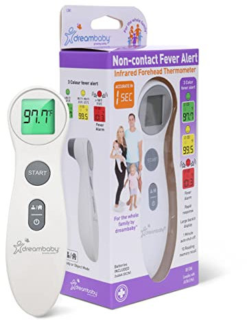 Dreambaby Thermomètre frontal infrarouge sans contact, affichage numérique, stockage de mémoire et alertes de fièvre, pour adultes et enfants, piles incluses