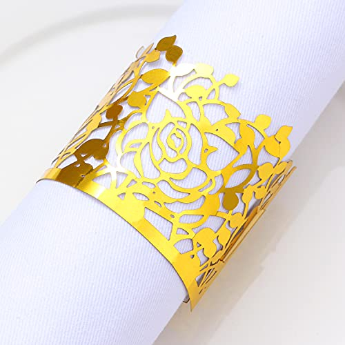 LEKOCH 50pcs Einweg Papier Serviettenringe Weihnachten, Blatt Rebe Serviette Ringe für Tischdekoration, Hochzeit, Party (Spiegelgold Rose)