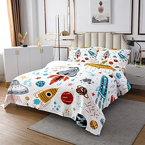 Homewish Weltraum gesteppt 240x260 Kinder Jungen Cartoon Rakete Raumschiff Tagesdecke Space Planet Meteorite Bettdecke Set, Kosmos Thema 3-teiliges Quilt-Set mit 2 Kissenbezüge