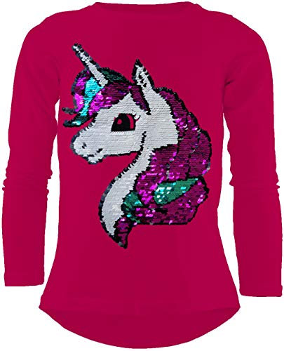 Einhorn Unicorn Mädchen Langarm Baumwolle Wendepailletten T-Shirt Bluse Long Shirt (152-158, Pink)
