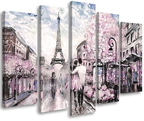 Feeby 5-teilig Vlies Leinwandbild 200x100 cm Paris Eiffelturm Frankreich Gemälde Wanddeko Design Kunstdruck Zimmerdeko Bilderwand Gehendes Paar Romantisch Liebe Weiß