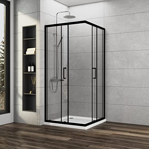 Duschkabine Schwarz 90x90x185cm Schiebetür Duschkabine Eckeinstieg 6mm ESG Glas Duschabtrennung Duschwand, Montage auf Duschewanne oder Ebenerdig