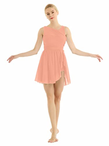 Freebily Damen Tanzkleid Ärmellos Asymmetrisches Ballettkleid Chiffon Ballett Trikot Tanzbody Mit Rock Gymnastik Tanzkleidung Rosa M