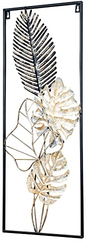 levandeo Metallbild H74cm Wandbild Gold Weiß Schwarz Wanddeko Metall Industrial Deko Wandkunst Design Floral Blätter