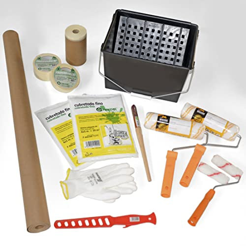 Erp - Kit Interior Antigota Pinturas Plásticas-Cubeta -Rodillos-Súper Suelos-Cinta-Papel Con Cinta-Cubretodo-Cabolata-Guante-Batidor-Rodillo Mini