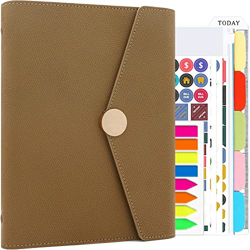 HXRTANGS PU Leder Notizbuch Binder A5, Nachfüllbares Schreiben Journal Planer Organizer mit Index Flaggen, Thema Teiler, Budget Aufkleber, Reißverschlusstasche und Lineal, Khaki