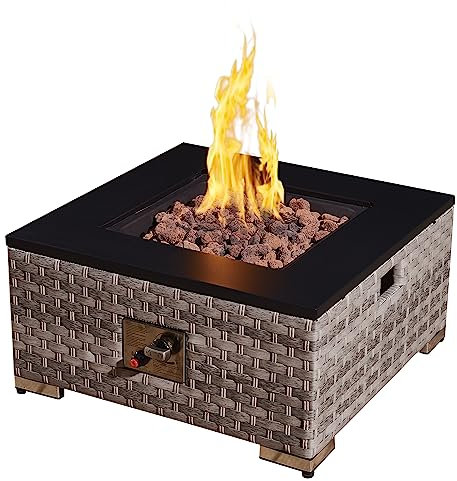 Aweather Outdoor Rattan Gas Fire Pit Table, 12KW Square Propane Gas Fire Pit Table with Lid & Glass Beads, CSA Certification for Garden, Patio, Deck, Poolside