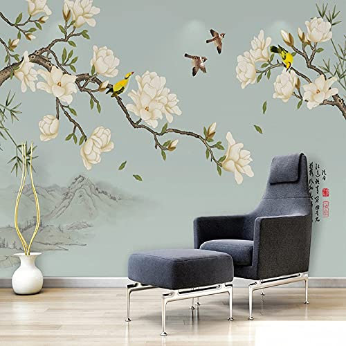 3D Wallpaper,Retro Duck Egg Green Magnolia Flower Branch Leaves Bird Landscape Print Large Self-Adhesive Wallpaper Peel And Stick Detachable Contact Paper Mural Vinyl Suitable For Decorative Bedroom