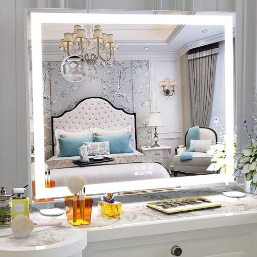 BEAUTME Spiegel mit Beleuchtung,Schminkspiegel mit LED dimmbare Licht, Groß Spiegel mit Licht 3 Farbtemperatur,Touch-Steuerung Kosmetikspiegel Hollywood-Stil(Weiß-50,7×60cm)