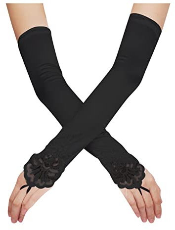 Kielsjajd Schwarze Opera Lange Handschuhe, Cosplay Handschuhe 1 Stück Schwarz Fingerlos lang Spitze Netzstoff Satin Fäustlinge Opernparty Fischnetz Armstulpe Gothic Zubehör Rave (Black, One Size)