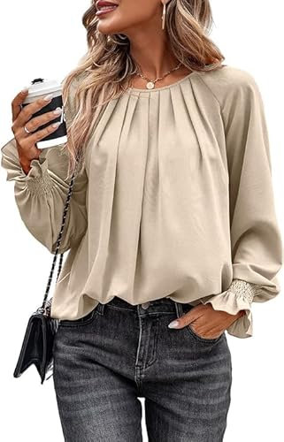 Toplop Bluse Damen Rüschen Laternenärmel: Elegant Langarmshirt Herbst Frühling Sommer Oberteile Lässig Rundhals Plissee Knopf Tops Mode V-Ausschnitt Brusttaschen Leopard Tunika A-Beige S