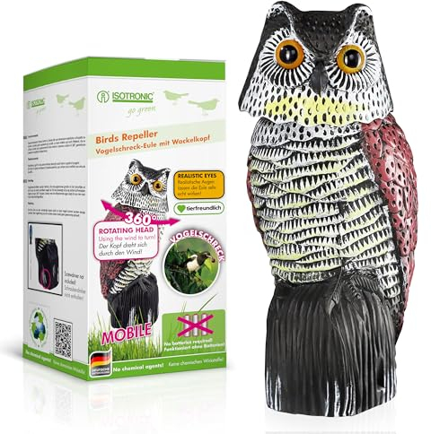 ISOTRONIC Fake Eule Vogelschreck Figur aus recycletem Kunststoff | Attrappe als realistischer Fressfeind | Vogelscheuche Vogelabwehr Taubenschreck Vogelabwehr mit Wackelkopf