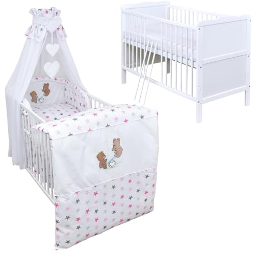 Generisch Baby Delux Babybett Komplett Set Kinderbett 60x120 cm umbaubar zum Juniorbett weiß 10-tlg Max Bettset Matratze Chiffonhimmel (Wippe Magic rosa)