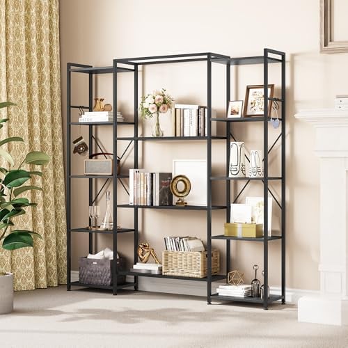 YITAHOME Bookcase, Industrial Book shelf with 13 Shelves Floor Standing Shelving Unit Wooden Shelf and Metal Frame Book Rack, Display Storage Rack for Living Room, Home Office, Black Bookshelf