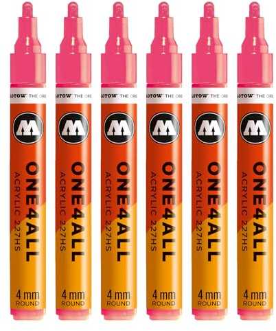 Molotow One4All 227HS Acryl Marker (4,0 mm Strichstärke, hochdeckend und permanent, schnell trocknend, nachfüllbar, für fast alle Untergründe) 6 Stück Farbe 262 ANTISTATIK neonrot fluo