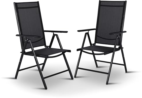 Gartenstuhl 2er-Set, Hochlehner, 7-fach verstellbar, wetterfester Garten-Klappstuhl, witterungsbeständiges Alu & Textilen, zusammenklappbare Gartenmöbel für Terrasse & Balkon, Schwarz/Schwarz, Noah