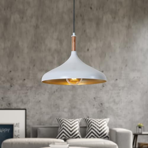 Luzarana Ufo Hängelampe Esstisch Skandinavisch aus Holz und Metall 35 cm, Pendelleuchte Esstisch, Hängelampe Wohnzimmer, Küchenlampe Hängend E27, Pendelleuchte Schlafzimmer, Wohnzimmer (Weiß)
