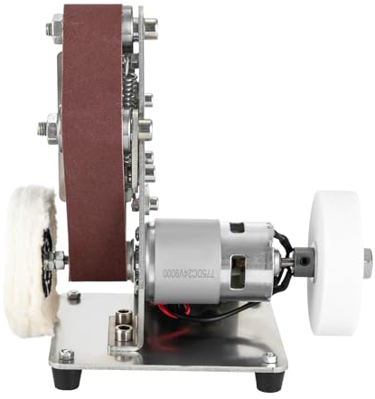 Bandschleifer Mini Bandschleifmaschine Elektrische Schleifmaschine 7 Gang Einverstellbar 4000-9000/min Belt Sander mit Aluminium-Schleifscheibe, Wollschwabbelscheibe und 20 Schleifbändern