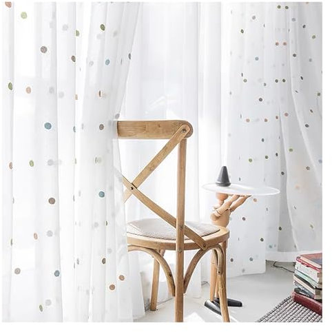 PSKJHN Bunt Punkte Transparent Gardinen, Stickerei Kinderzimmer Voile Vorhang Mit Ösen/Haken 2 Stück Für Wohnzimmer Schlafzimmer, W140xL270cm,Hook up