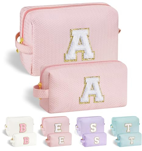 Parima Buchstaben Kosmetiktasche für Damen - Personalisierte Rosa Kosmetiktasche für Teenager Mädchen mit Buchstaben A - Reise Geschenk