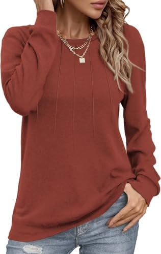 Damen Pullover Lässig Langarmshirt Elegant Herbst Winter Rundhals Sweatshirt Langarm Shirts Loose Plissee Oberteile Karamellfarbe M