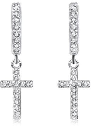 Estrellique Damen 925 Sterling Silber Creolen Ohrringe, Creolen Silber Ohrring Hängend für Frauen Mädchen, Hypoallergen Kreolen Ohrringe mit Kreuz Anhänger, Kreolen Ohrhänger mit AAAAA Cubic Zirkonia