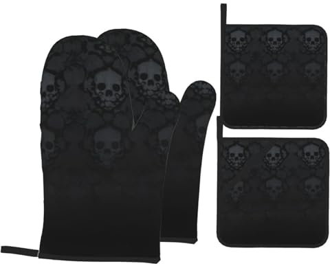 Süße Gothic Tapete Totenkopf Ofenhandschuhe und Topflappen Set von 4 - isoliert, rutschfest, Ofenhandschuhe Hot Pads zum Kochen, Backen, Grillen