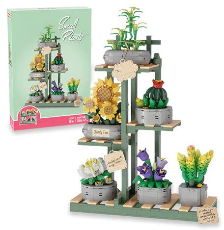 Pflanzen Bausteine Bausatz, 6er Set Sukkulenten Sonnenblumen Bonsai Klemmbausteine Spielzeug Verstellbares Gestell, Kreative Blumen Botanische Sammlung Sets für Büro Heimbüro Dekoration（873 Stück）