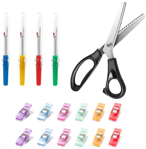 KUBDPQOR Ciseaux Cranter Zigzag Professionnels Ensemble avec 1 Ciseau en Acier Inoxydable, 4 Ciseaux à Fil, 12 Pinces à Couture, Idéal pour Travaux Manuels et Couture Domestique
