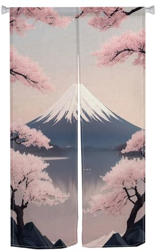XMJJKUF Japanischer Türvorhang Noren Kirsche Sakura und Mount Fuji, künstlerische Malerei, japanischer Stil, Vorhänge, Türtapisserie für Wandbehang, Heimdekoration, 85,1 x 180,1 cm