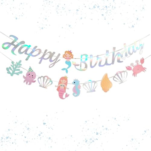 Gleemix Meerjungfrau Geburtstag Deko Geburtstag Banner, Unterwasser Deko kindergeburtstag, Happy Birthday Girlande für Mädchen für Meerjungfrau Party