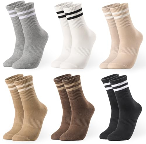 6 Paar Socken Damen 35-38 39-42 Baumwoll Socken Bunt Tennissocken | Sportsocken Damen Socken mit Streifen Motiv Strümpfe Crew Socks für Tennis Lauf Sport Alltag Freizeit