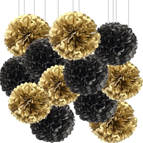 We Moment Zone 12 Stück Schwarzer Gold Papier Pompons,Pom Poms Papier für Hochzeit,Geburtstag Schwarzer Gold Party Deko
