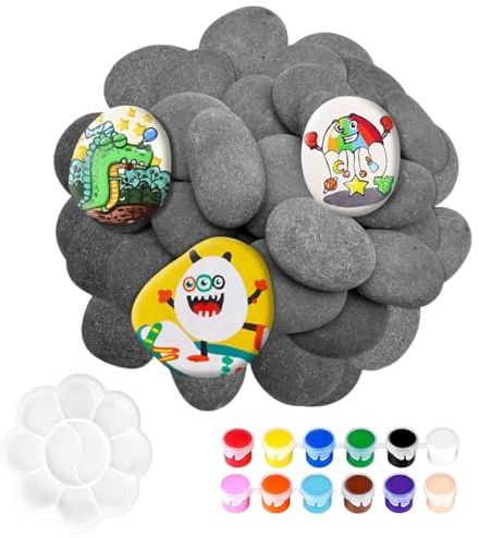 12PCS Pebbles for Painting ,Painting Rocks (2-4cm/3-5cm/4-6cm/5-8cm) ,Smooth Stones,Large River Rocks for Kids DIY Creative Activity,Crafting Arts Decoration,With 12*Paint,2*Brushes,1*Paint Box